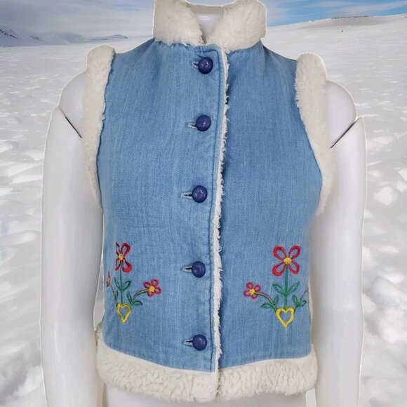 Vtg Sherpa Lined Vest Girls 14 Large Denim Embroidered 70s Hippie Sears Roebuck - Picture 1 of 8